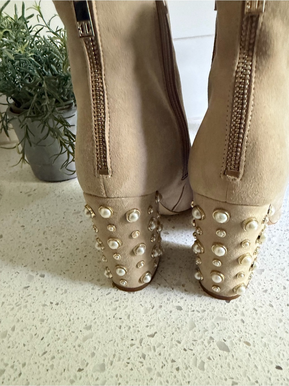 Women’s Beige Suede Zip-Front Mid-Calf Boots